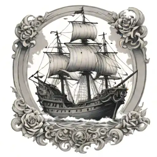 roman galleon black white tattoo design idea