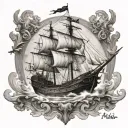 roman galleon black white tattoo design idea