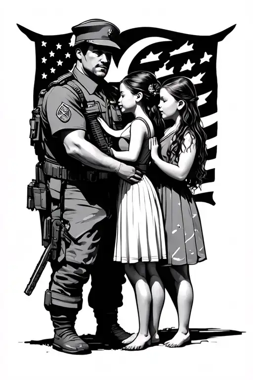 father protecting two daughters and incorporate the marine corps tattoo design idea