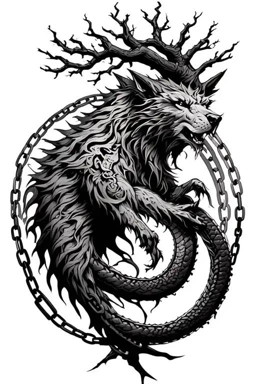 fenrir in broken chains, tree of life and world serpent. Nordic style tattoo tattoo design idea