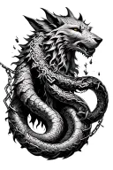 fenrir in broken chains, tree of life and world serpent. Nordic style tattoo tattoo design idea