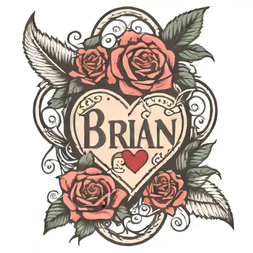 Thigh tattoo with roses and hearts and the name Brian and heartbeat tattoo design idea