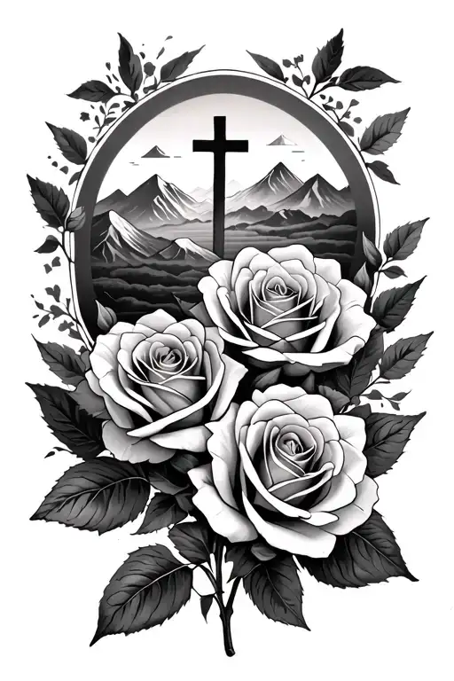 roses, sky, mountains, cross tattoo design idea