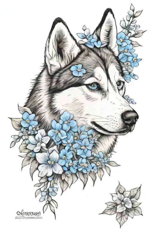 siberian husky with forget me not flowers tattoo design idea