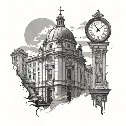 street and city church with clock in roman numerals tattoo design idea
