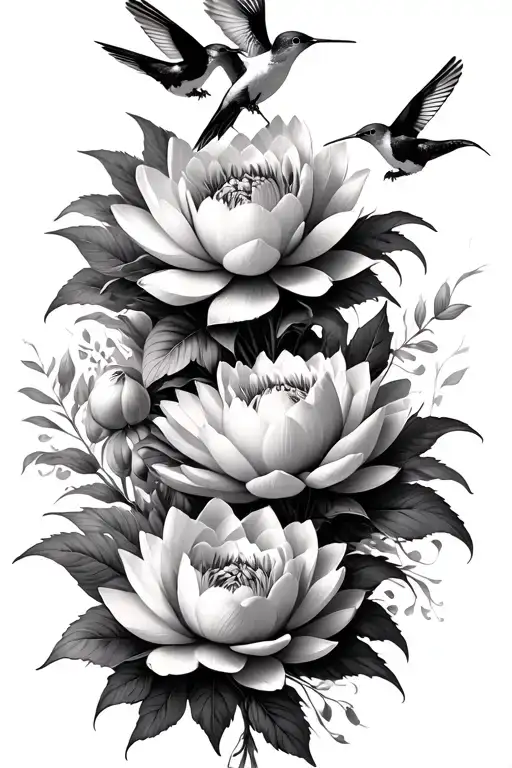 bloomed peony and bloomed lotus vertical bouquet with multiple hummingbirds tattoo design idea