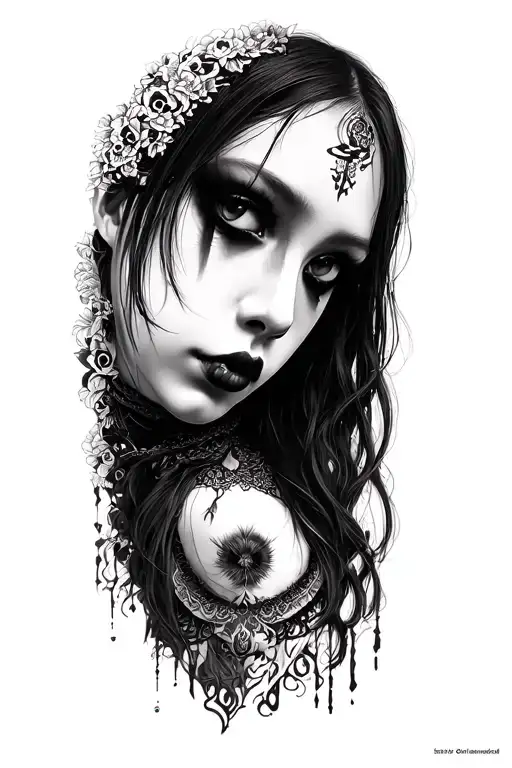 gothic horror, japanese girl's face close up, black and white, shaded background tattoo design idea