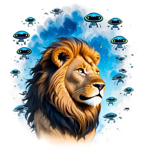 cute & small lion, face up, left side pose,  blue colored distant sky far from him filled with  many aliens tattoo design idea