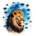 cute & small lion, face up, left side pose,  blue colored distant sky far from him filled with  many aliens tattoo design idea