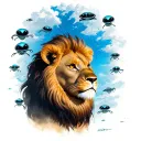 cute & small lion, face up, left side pose,  blue colored distant sky far from him filled with  many aliens tattoo design idea