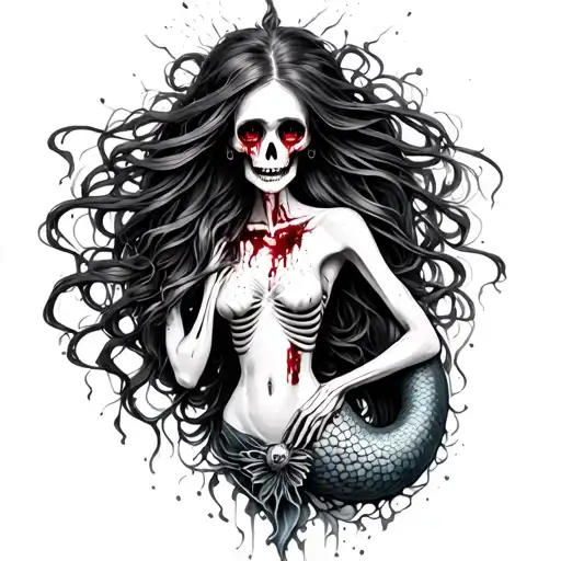 realism half skeleton half human mermaid with bloody eyes tattoo design idea