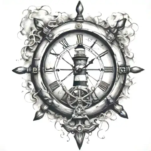 ship wheel with clock inside with light house behind tattoo design idea