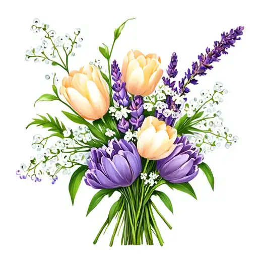 bouquet of baby breath, lilac, tulip, hyacinth, and lavender tattoo design idea