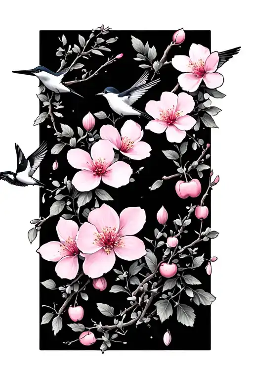 Cherry blossom with thyme and swallows and lark and pink tattoo design idea