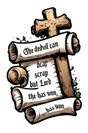 cobblestone cross with writing "the devil can scrap but the Lord has won" in old font on a scroll. tattoo design idea