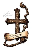 cobblestone cross with writing "the devil can scrap but the Lord has won" in old font on a scroll. tattoo design idea