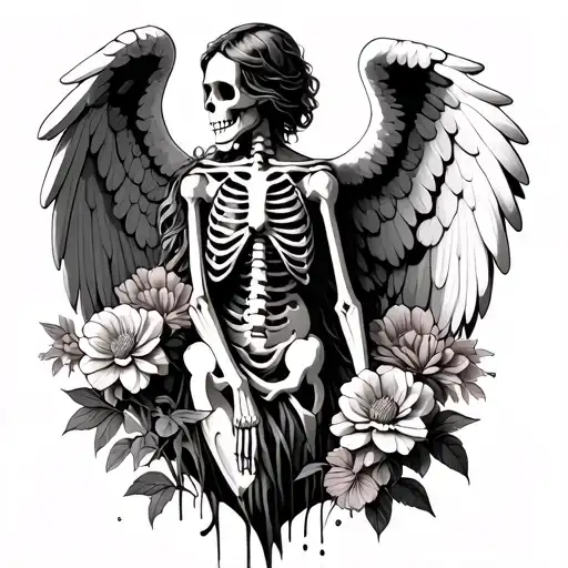skeleton Angel with flowers growing out cheat tattoo design idea