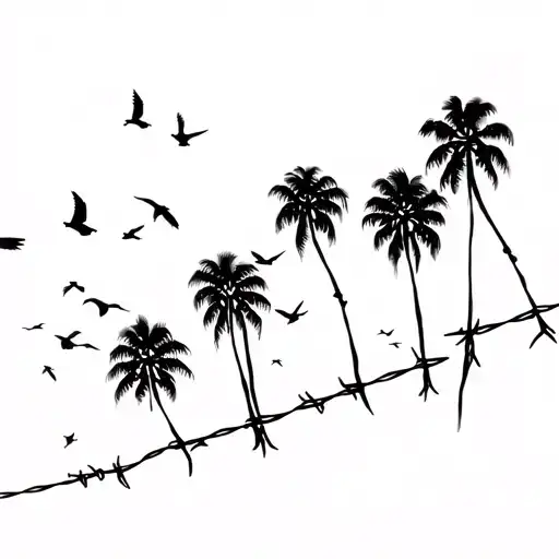 barbed wire with multiple windy palm trees with their leaves thrown back during a storm with flock of birds suicideboys  tattoo design idea