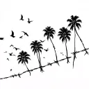 barbed wire with multiple windy palm trees with their leaves thrown back during a storm with flock of birds suicideboys  tattoo design idea