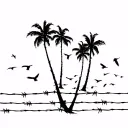 barbed wire with multiple windy palm trees with their leaves thrown back during a storm with flock of birds suicideboys  tattoo design idea