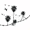 barbed wire with multiple windy palm trees with their leaves thrown back during a storm with flock of birds suicideboys  tattoo design idea