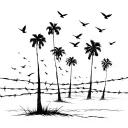 barbed wire with multiple windy palm trees with their leaves thrown back during a storm with flock of birds suicideboys  tattoo design idea