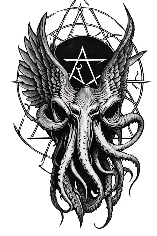 Sketch of a Cthulhu head tattoo with wings with a pentagram in the background tattoo design idea