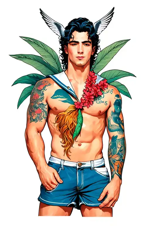 gay male pinup sailor wearing short shorts. he has tattoos of swallows on his chest, a hula girl and merman on his arms tattoo design idea