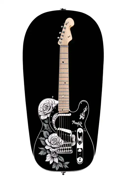 a fender telecaster guitar with flowers of the day of the dead and a half Calavera tattoo design idea