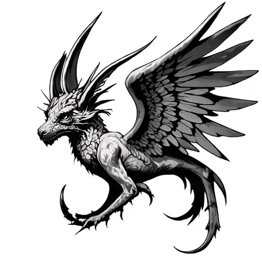 a neo gothic organic winged creature with high contrast and 3D perspective on the calf tattoo design idea