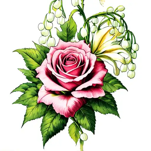 Rose with lily of the valley and stargazer lily flowers tattoo design idea