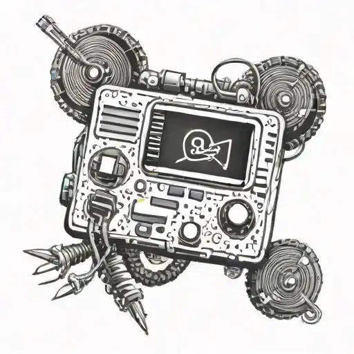 A dotwork tattoo design of a retro video game console with security-themed elements like barbed wire and surveillance cameras tattoo design idea