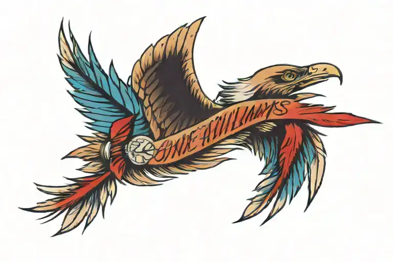 The words once and always stacked on top of each other, being written in cu by an eagle feather thats red white and blue tattoo design idea
