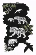 jungle forest with trees, jaguars, gorillas, and toucans   tattoo design idea