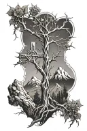 tree and mountain with a nail cross and thorns wrapping tattoo design idea