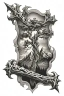 tree and mountain with a nail cross and thorns wrapping tattoo design idea