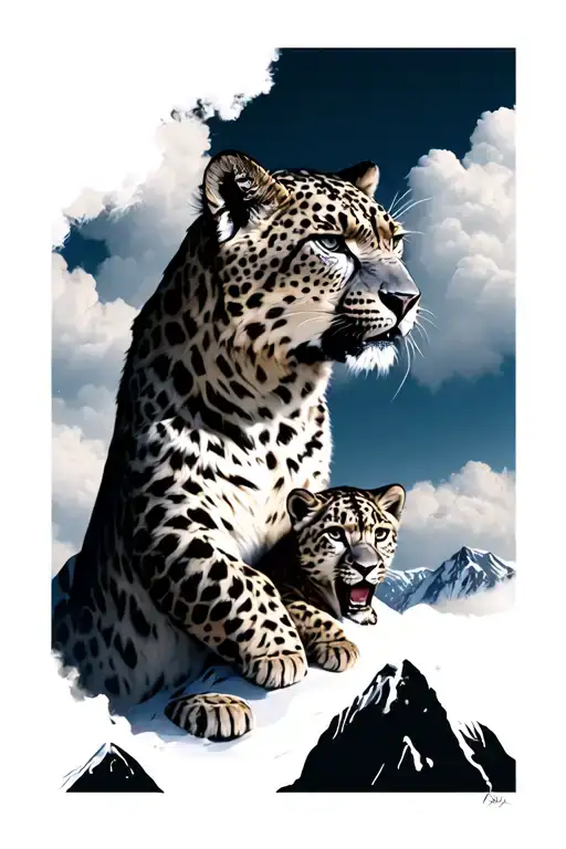 angry Snow leopard and cub in mountains with clouds back and white on shoulder  tattoo design idea
