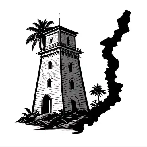 peaceful tower with a chuck missing which is the outline of liberia africa  tattoo design idea