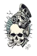 skull with pilot oxygen mask admiring a sunset tattoo design idea