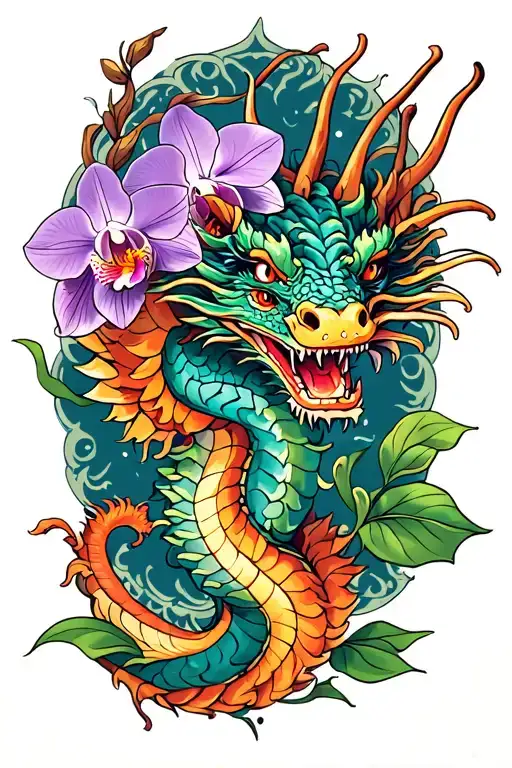  dragon and orchid leg tattoo featuring tattoo design idea