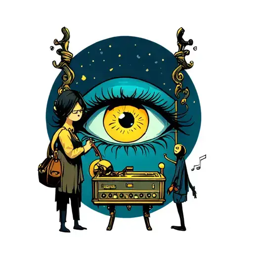 A Little Nightmares themed tattoo with Six standing in front of the eye and by her feet is her music box and Mono's bag tattoo design idea