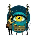 A Little Nightmares themed tattoo with Six standing in front of the eye and by her feet is her music box and Mono's bag tattoo design idea