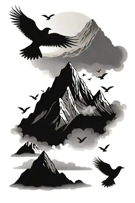 mountain with birds flying away tattoo design idea