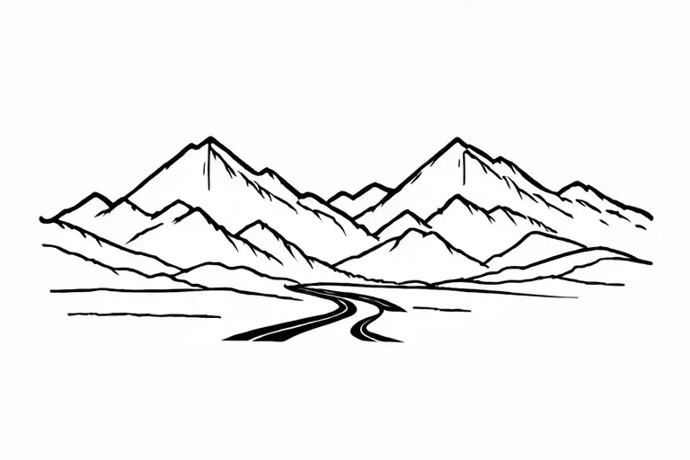 Simple horizontal tattoo design, mountain skyline with a winding road, clean blackwork, outer forearm. tattoo design idea
