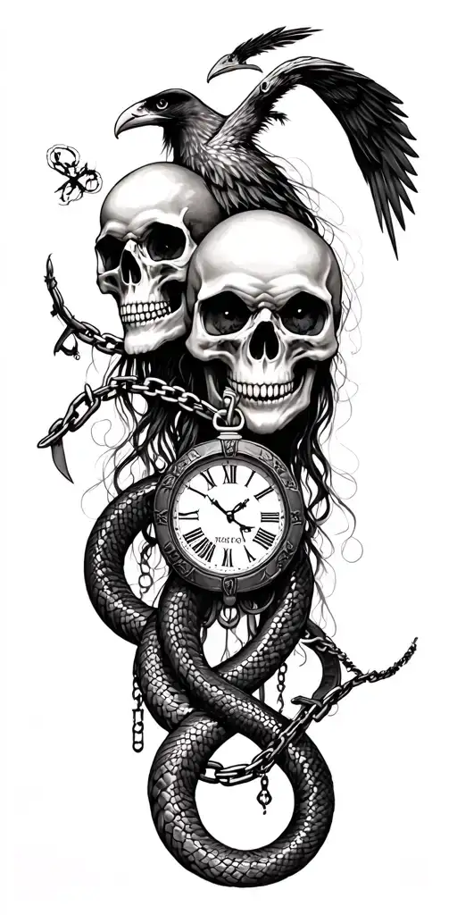 grungy gothic full sleeve black and grey tattoo with skulls, chains, clock, snake, eagle eye names Fridrik and Yona in tattoo design idea