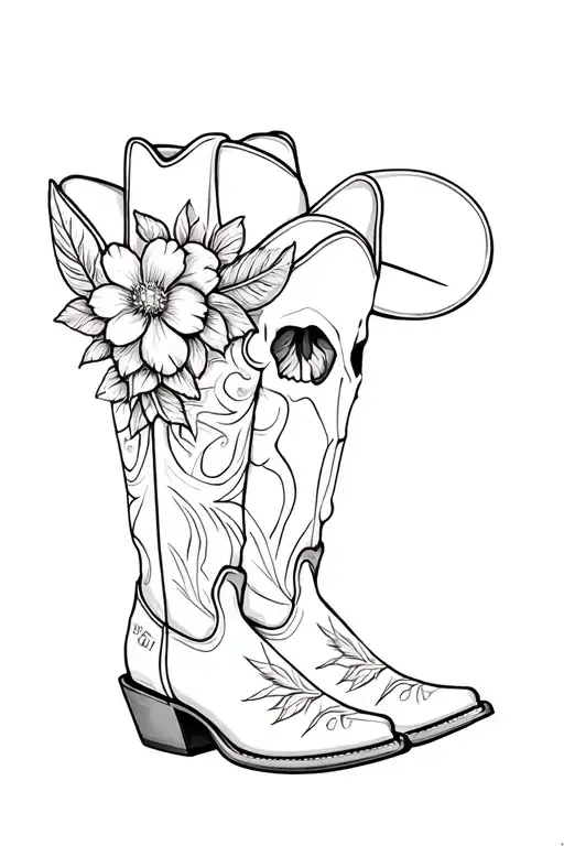 Cowboy boots, cowboy hat, flowers, cow skull, feathers,  tattoo design idea