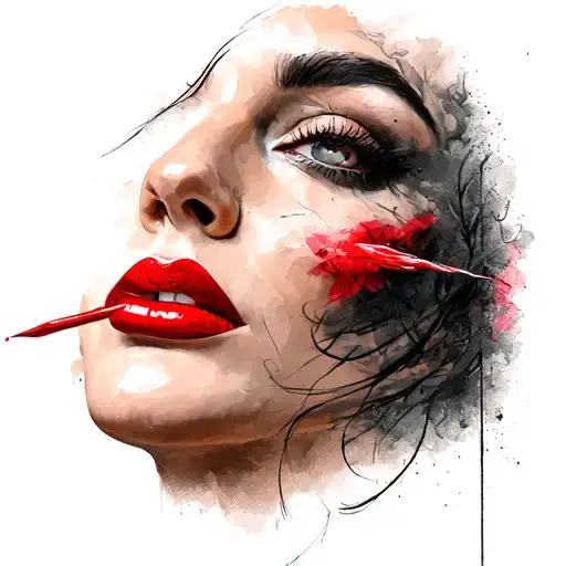woman with red lips and red nails sticking tattoo design idea