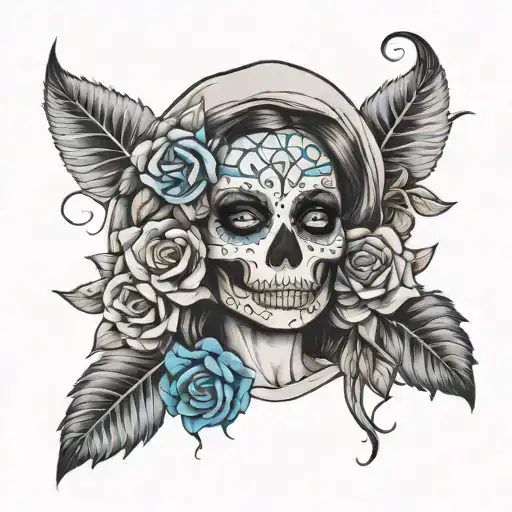 the catrina with blue flowers tattoo design idea