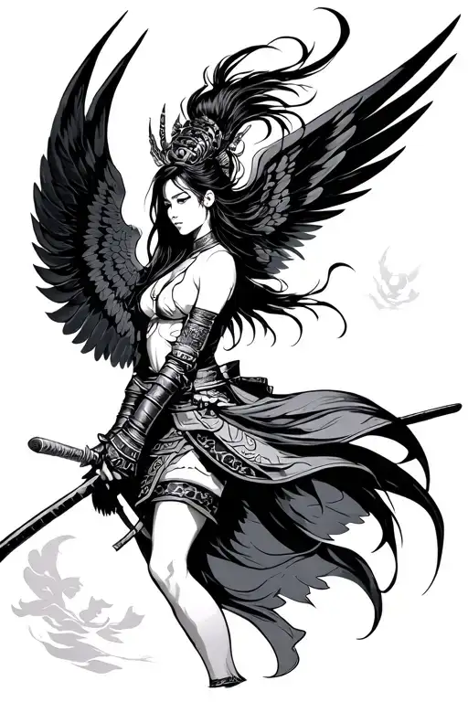 woman with wings standing sideways samurai tattoo design idea