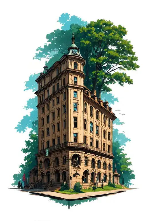 angles and 16th century buildings transitioning to a forrest tattoo design idea